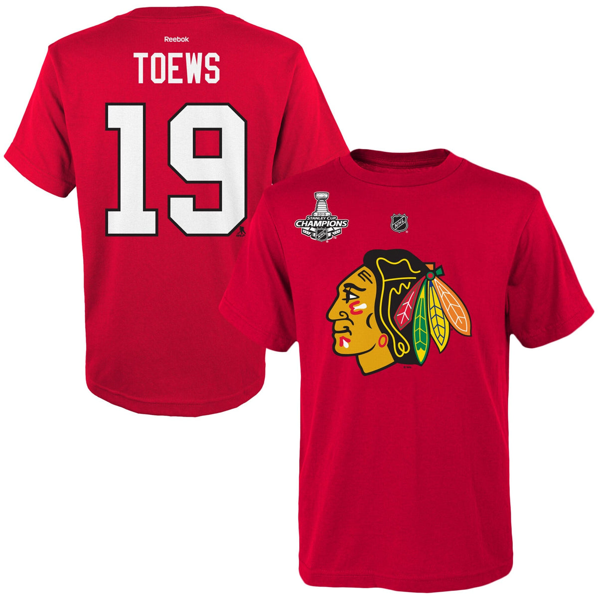 Chicago Blackhawks Jonathan Toews Red Reebok 2015 Stanley Cup Champions Name & Number T-Shirt for Men product image 1,