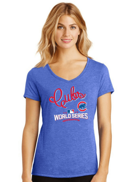 Chicago Cubs 2016 World Series Script Tri-Blend V-Neck T-Shirt for Women product image 2, provided for visual reference and