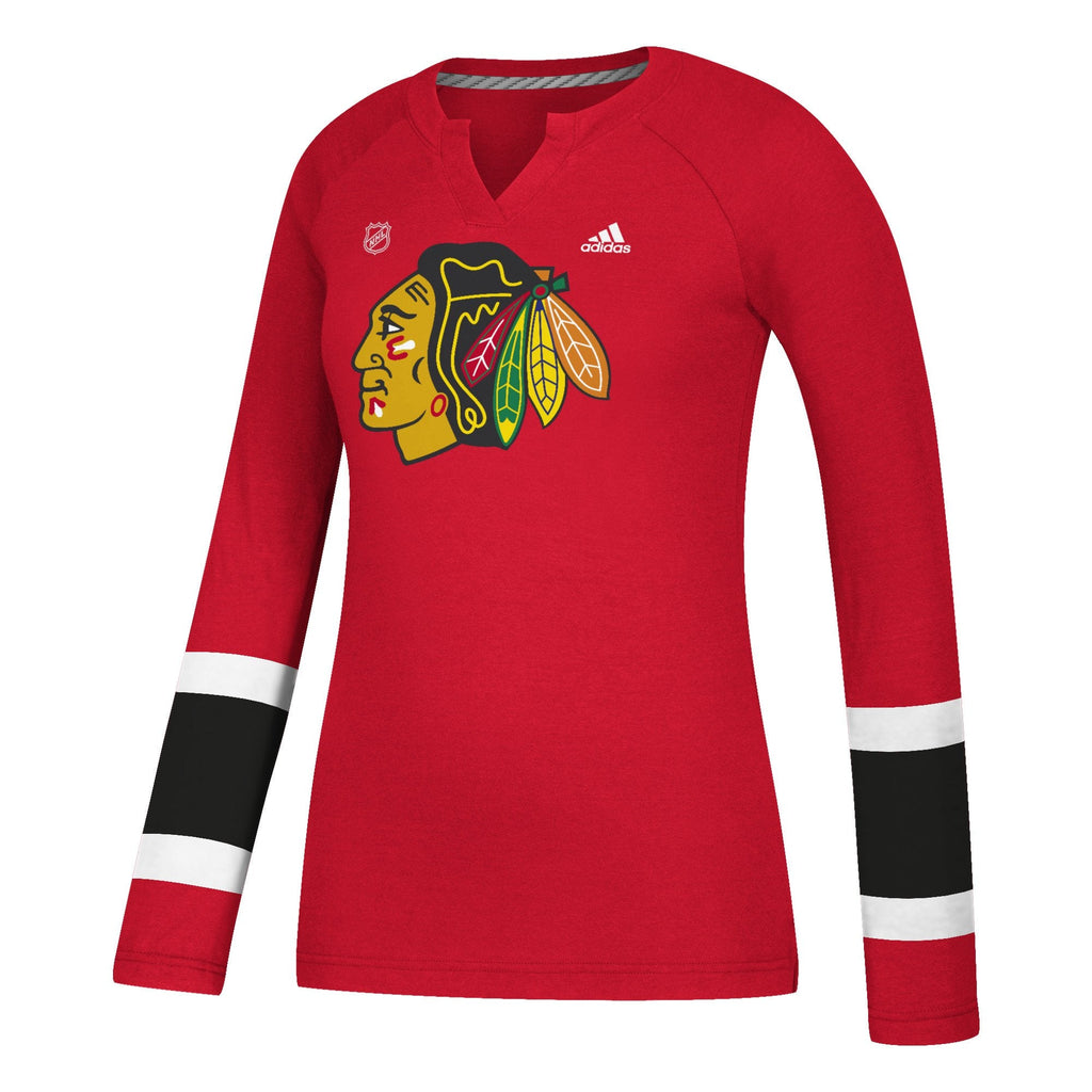 Women’s Chicago Blackhawks adidas Red Long Sleeve Henley T-Shirt product image 1, provided for visual reference and product