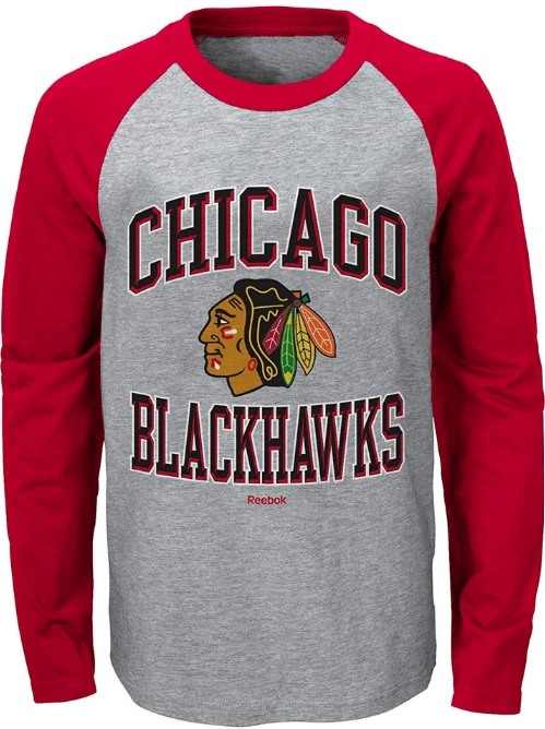 Chicago Blackhawks Child Long Sleeve Gray/Red Raglan T-Shirt product image 1, provided for visual reference and product