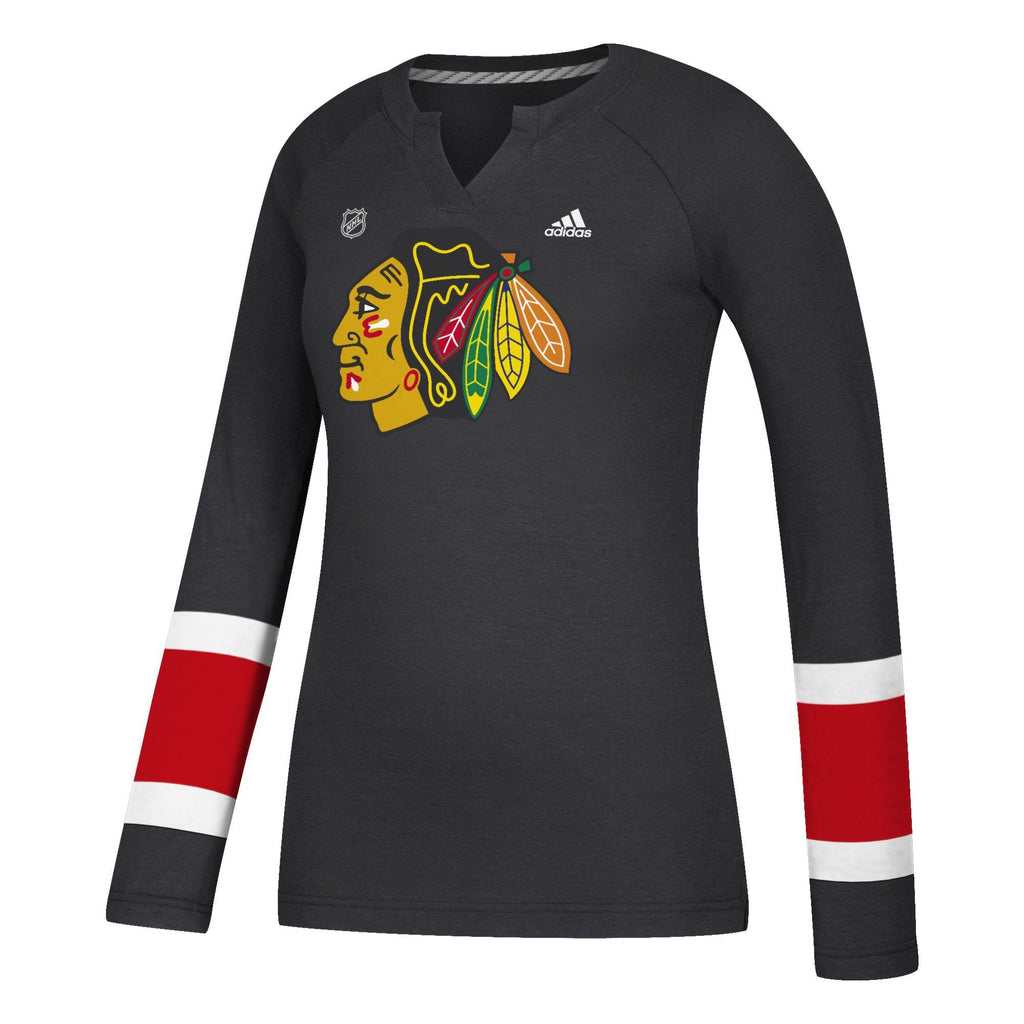 Women’s Chicago Blackhawks Black Long Sleeve Henley T-Shirt product image 1, provided for visual reference and product