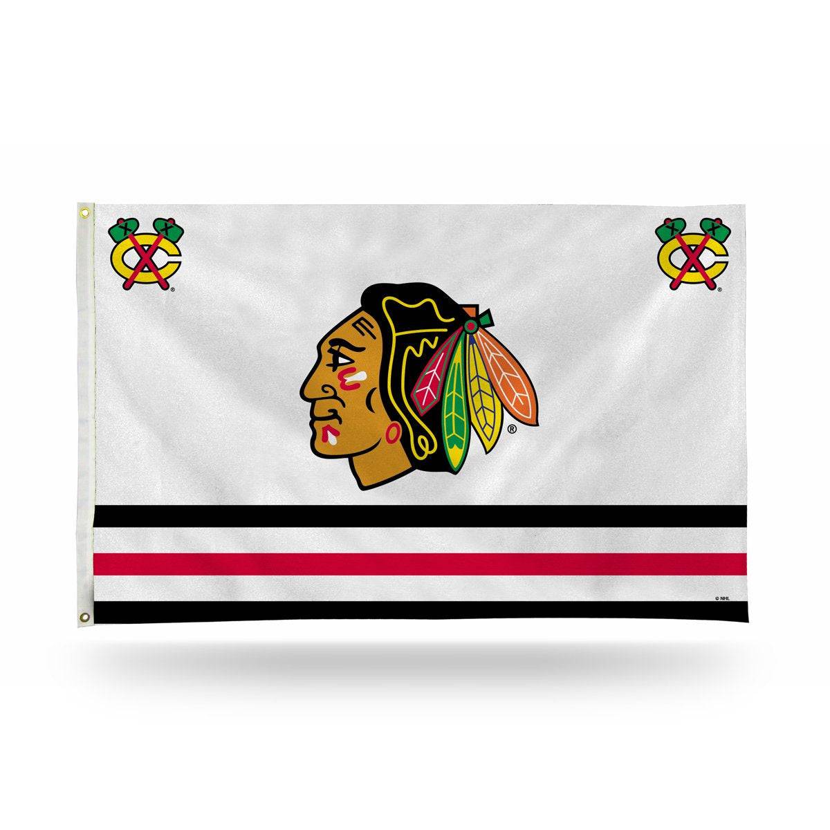 Chicago Blackhawks White 3X5' Jersey Banner Flag Primary and Secondary Logos product image 1, provided for visual reference