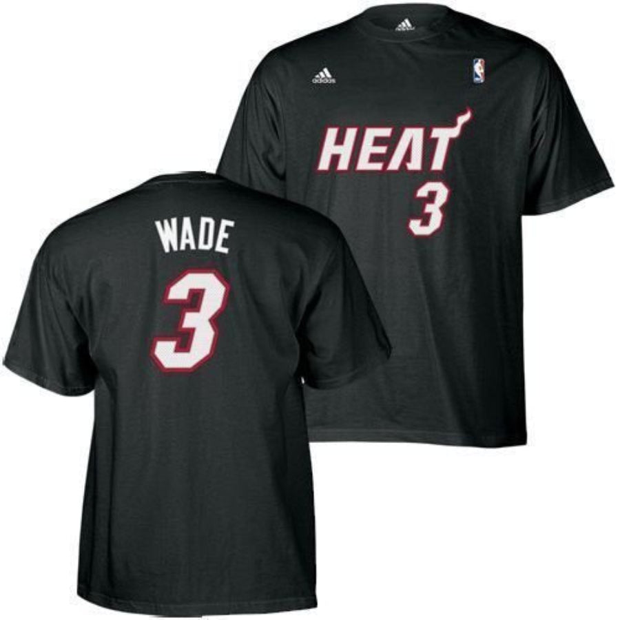 Mens NBA Miami Heat Dwyane Wade Black Name & Number T-Shirt product image 1, provided for visual reference and product
