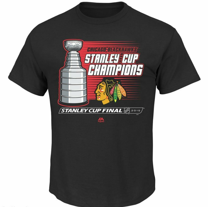 Mens Majestic Chicago Blackhawks 2015 Stanley Cup Champions Black Natural Hatty T-Shirt product image 1, provided for visual