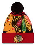 Junior Chicago Blackhawks Logo Whiz Cuff Pom Knit Hat product image 1, provided for visual reference and product detail