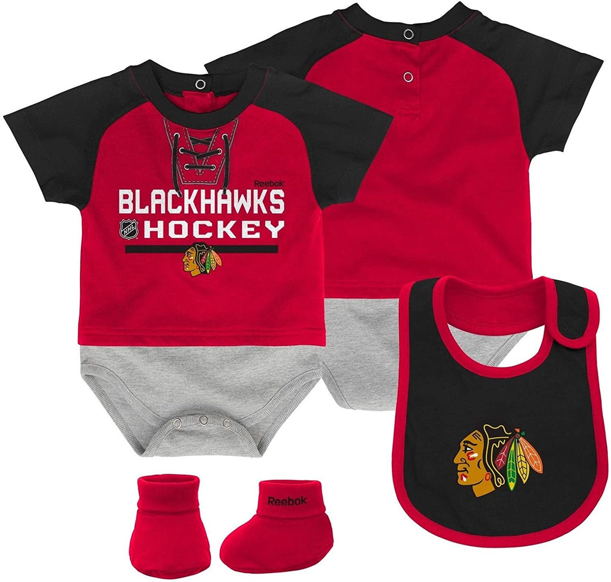 Chicago Blackhawks Infant 3-Piece Bib and Bootie Set product image 1, provided for visual reference and product detail review