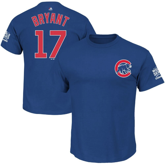 Kris Bryant World Series Champions Blue Name & Number T-shirt for Men product image 1, provided for visual reference and
