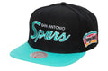 San Antonio Spurs HWC Team Script 2.0 Black Mitchell & Ness Snapback Hat product image 1, provided for visual reference and