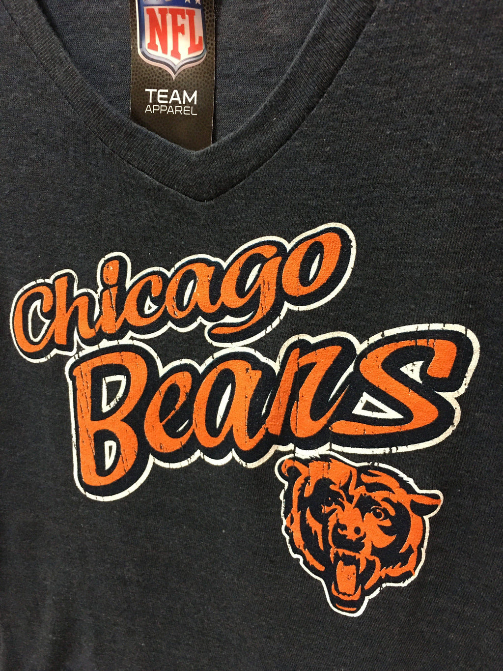 Womens Chicago Bears Cursive Script V-Neck T-Shirt product image 2, provided for visual reference and product detail review