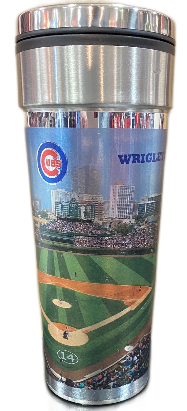 Chicago Cubs Wrigley Field Metallic Wrap 22 oz Travel Mug product image 1, provided for visual reference and product detail
