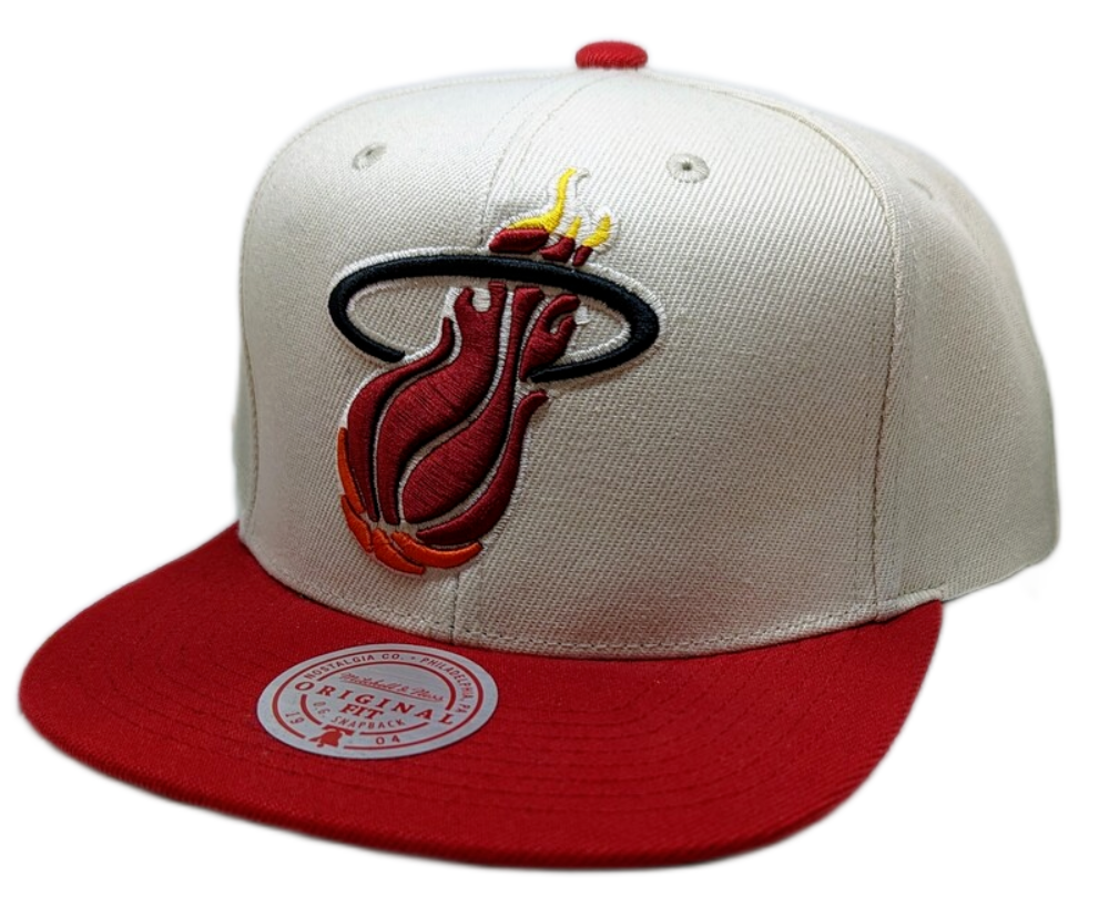 Miami Heat Mitchell & Ness Hardwood Classics Natural 2 Tone Snapback Hat- Cream/Red product image 1, provided for visual