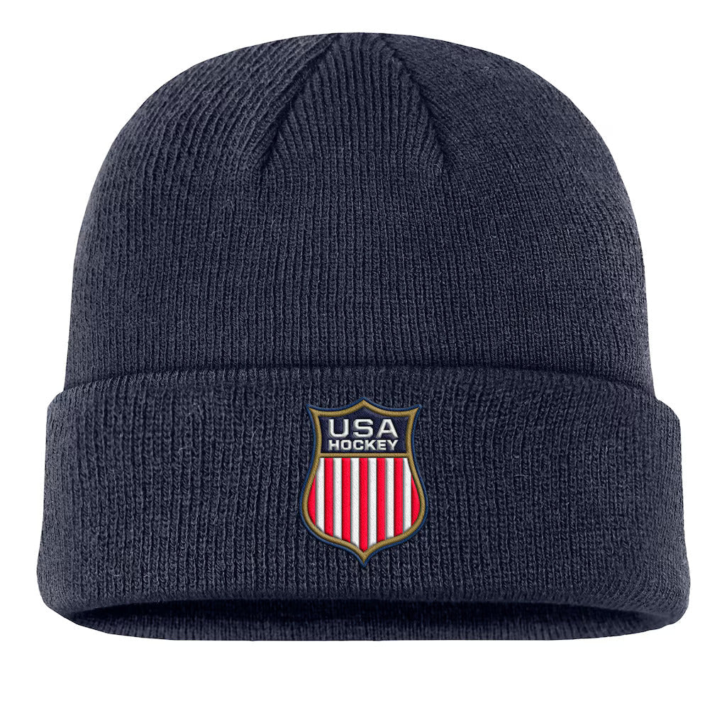 Men’s 2026 USA Hockey Shield Patched Navy Cuffed Knit By Nike product image 1, provided for visual reference and product