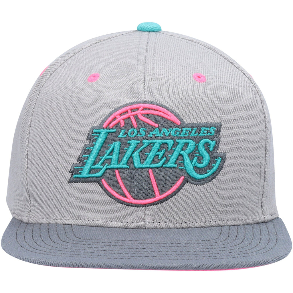 Los Angeles Lakers Mitchell & Ness Gray Wolf Mags Snapback Hat for Men product image 2, provided for visual reference and