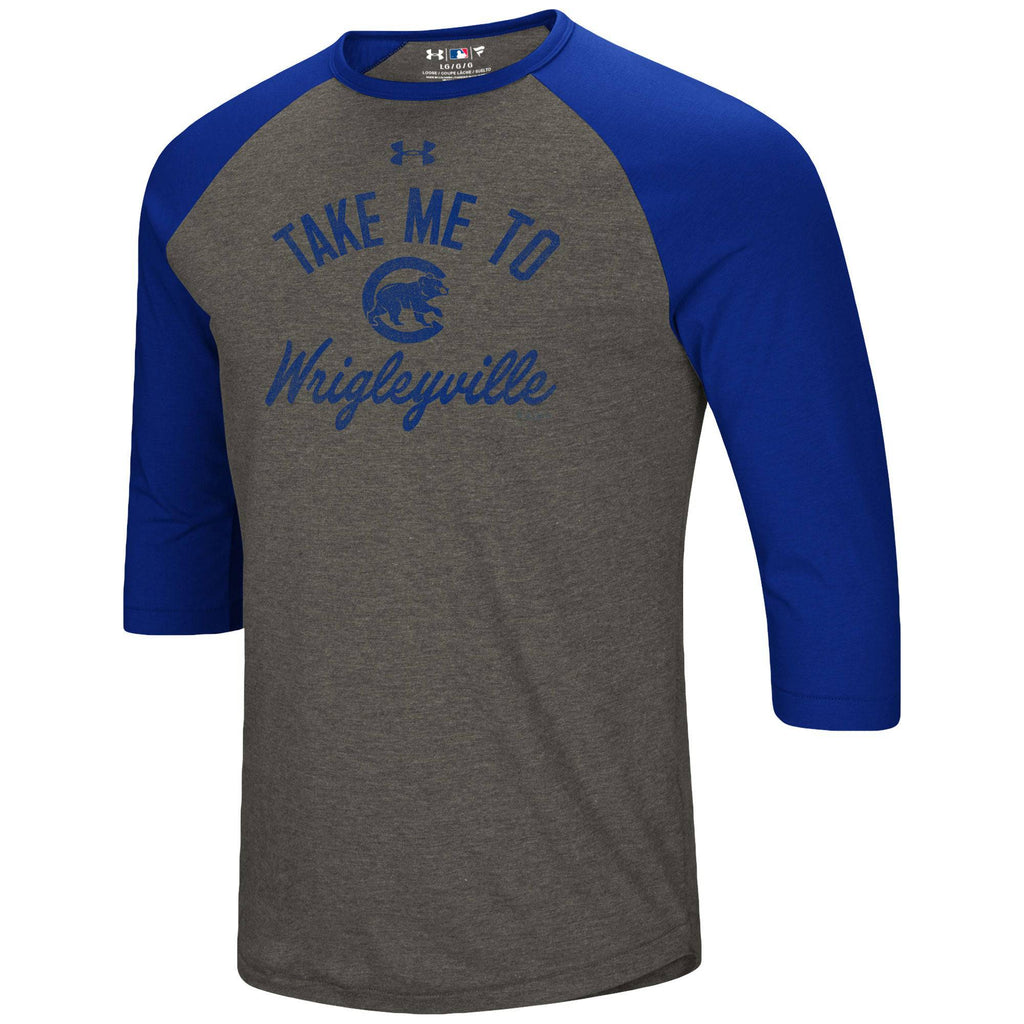 Chicago Cubs Under Armour Heathered Gray/Royal Heritage Tri-Blend Raglan 3/4- Sleeve T-Shirt for Men product image 2,