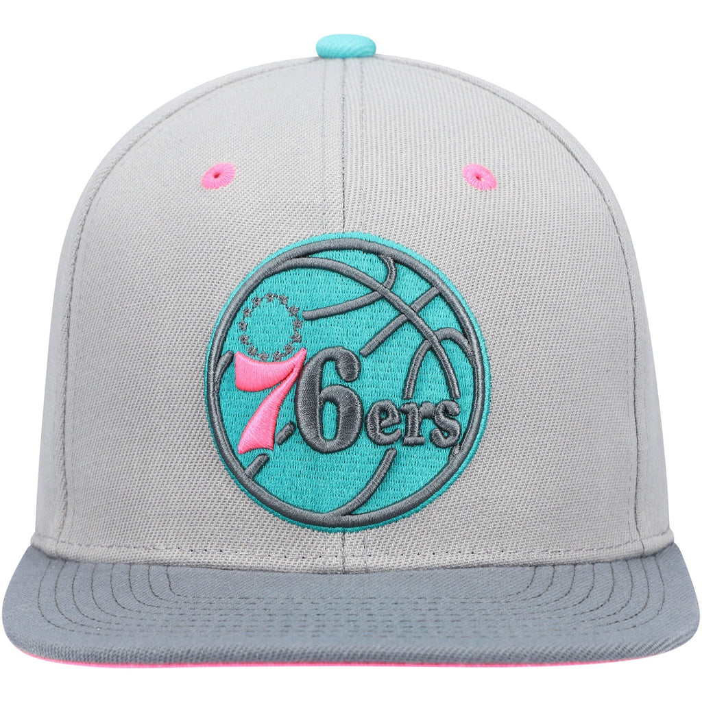 Philadelphia 76ers Mitchell & Ness Gray Wolf Mags Snapback Hat for Men product image 2, provided for visual reference and