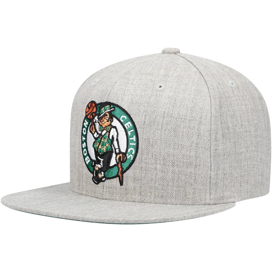 Boston Celtics Team Gray Heathered 2.0 Mitchell & Ness Snapback Hat product image 1, provided for visual reference and
