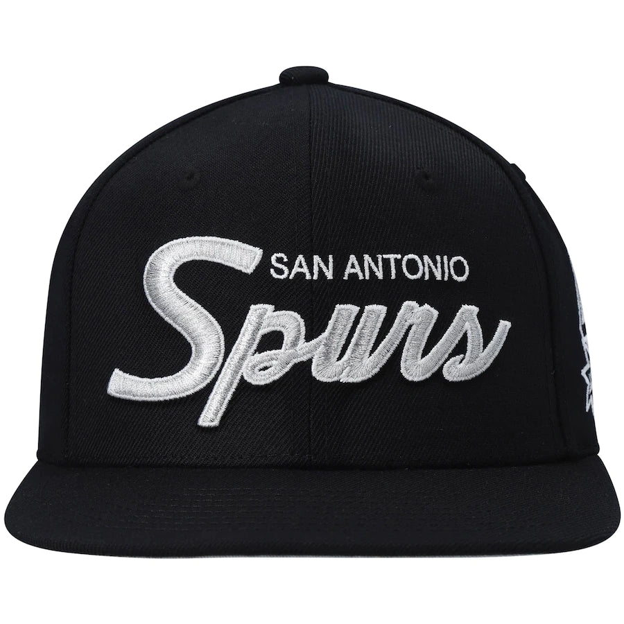 San Antonio Spurs Team Script 2.0 Black Mitchell & Ness Snapback Hat product image 2, provided for visual reference and