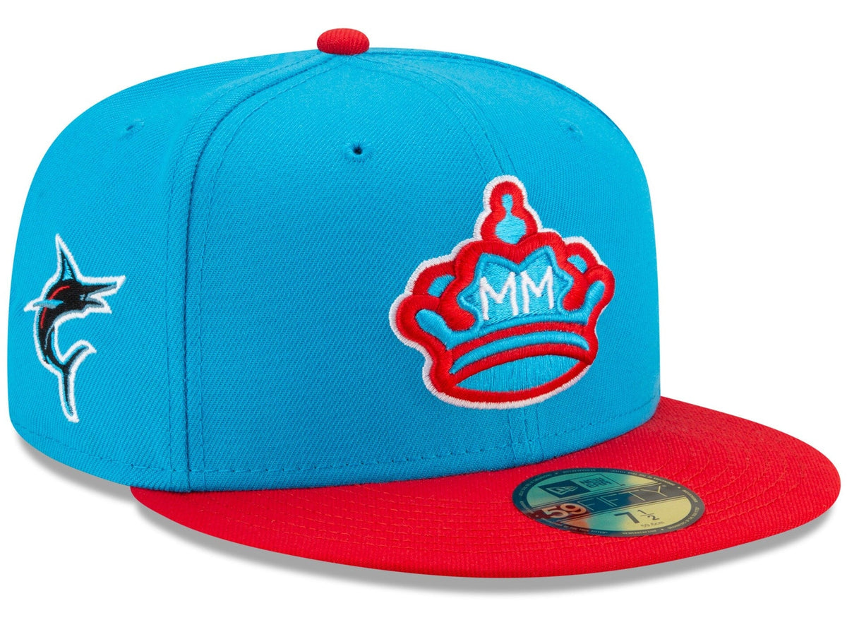 Miami Marlins New Era Blue/Red 2021 City Connect 59FIFTY Fitted Hat for Men product image 1, provided for visual reference