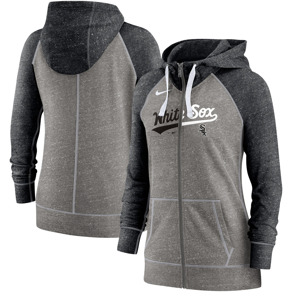 Chicago White Sox Nike Heathered Charcoal/Heathered Black Split Wordmark Gym Vintage Raglan Slub Full-Zip Hoodie for Women