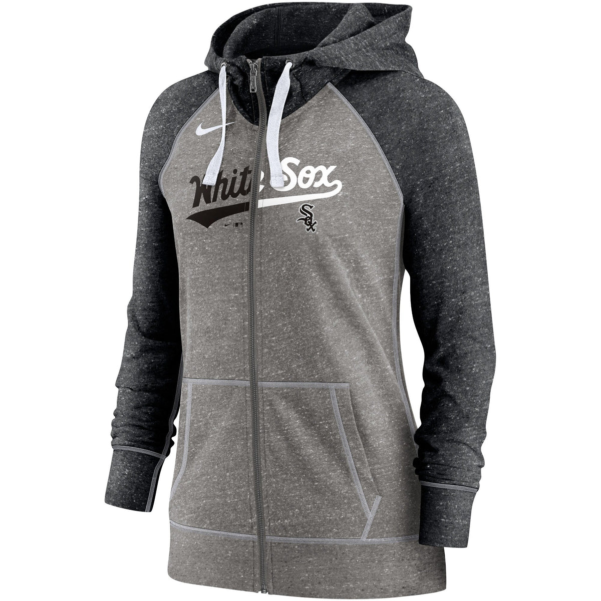Chicago White Sox Nike Heathered Charcoal/Heathered Black Split Wordmark Gym Vintage Raglan Slub Full-Zip Hoodie for Women