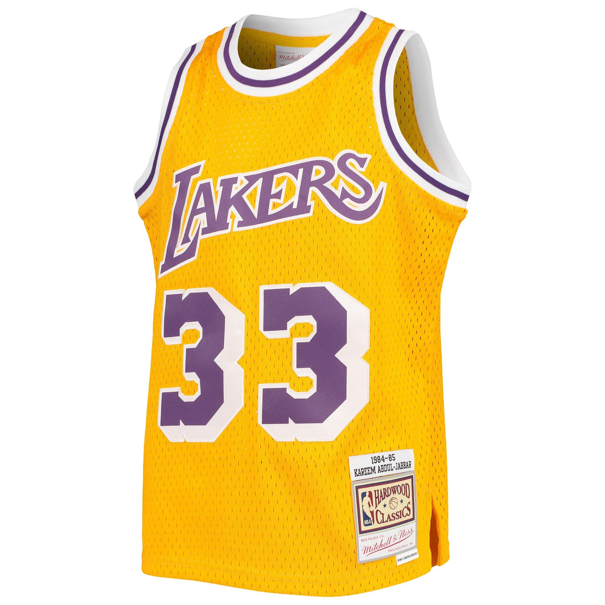 Youth Los Angeles Lakers Kareen Abdul-Jabbar Mitchell & Ness Gold 1984-85 Hardwood Classics Swingman Jersey product image 2,