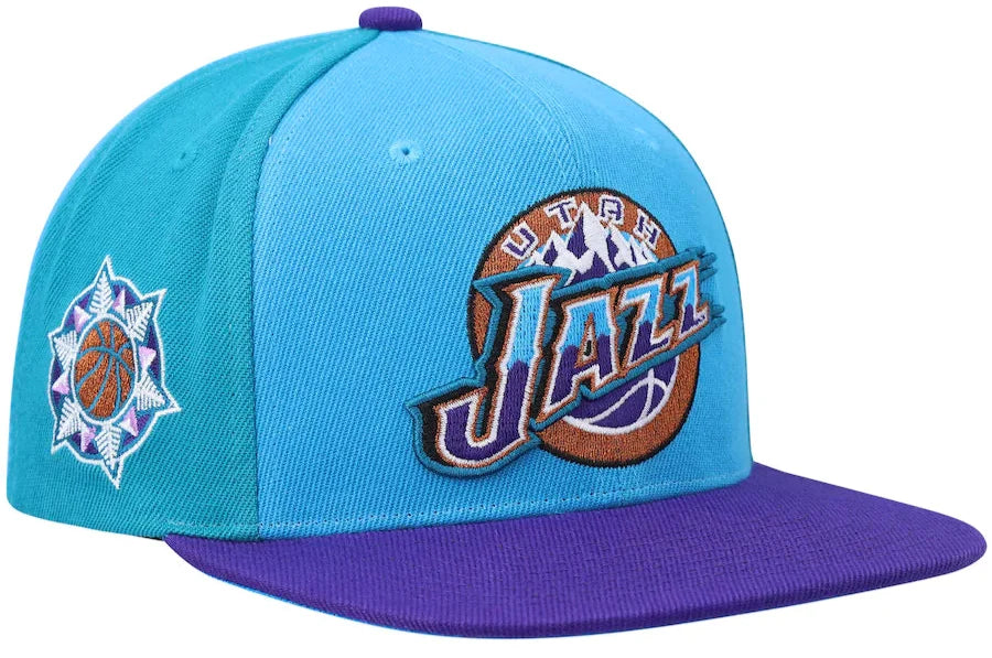 Utah Jazz NBA On The Block Mitchell & Ness Snapback Hat product image 1, provided for visual reference and product detail