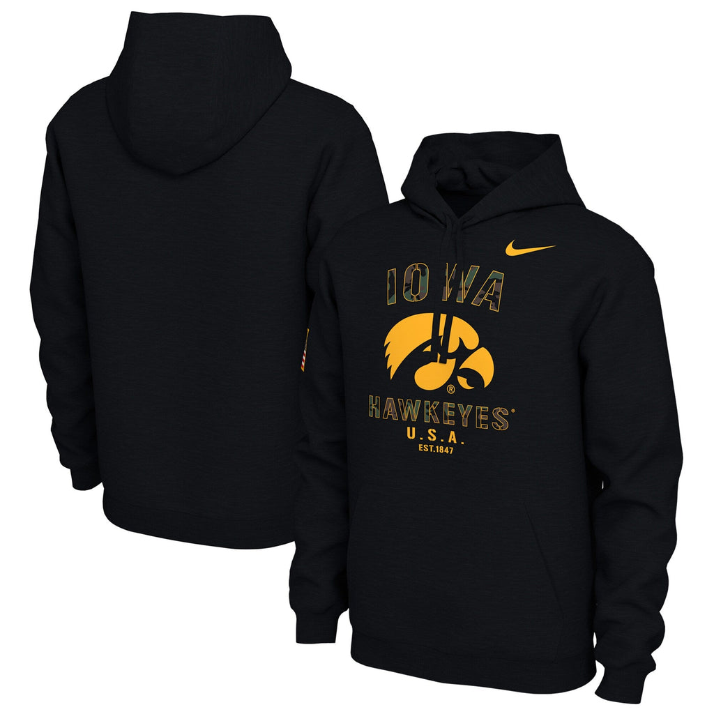 Nike Iowa Hawkeyes Mens Black Camo Veterans Day Long Sleeve Hoodie product image 1, provided for visual reference and