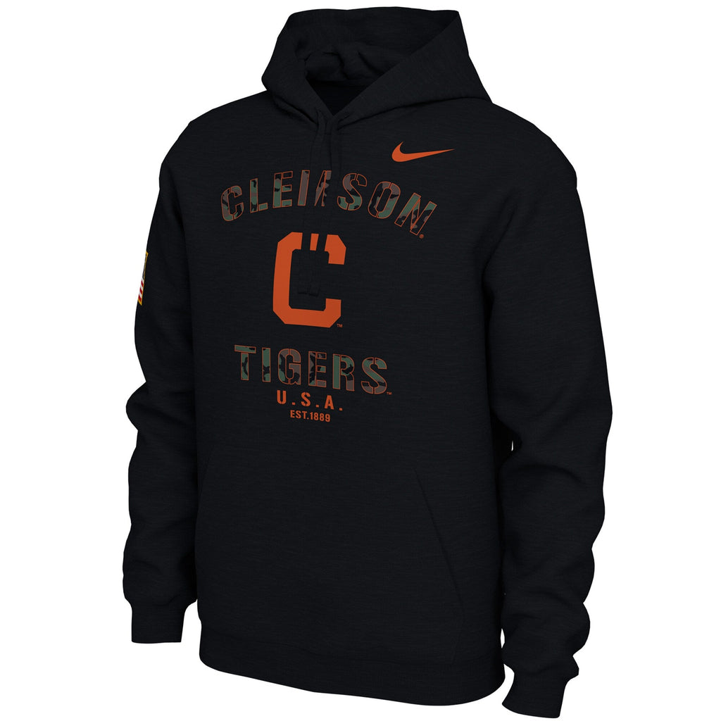 Nike Clemson Tigers Mens Black Camo Veterans Day Long Sleeve Hoodie product image 2, provided for visual reference and