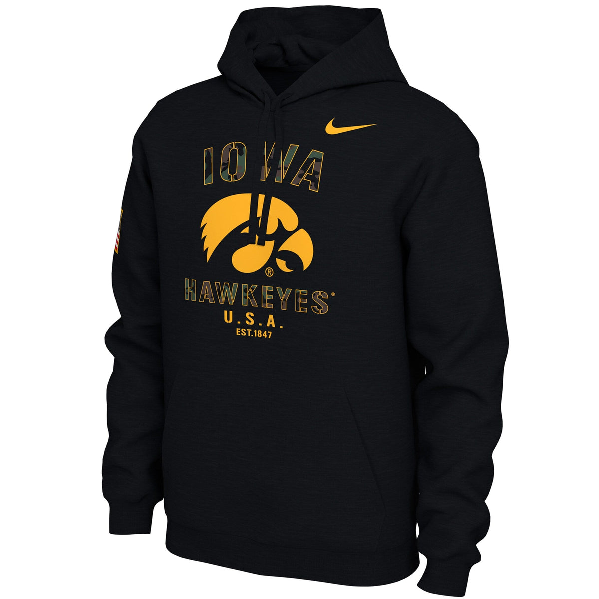 Nike Iowa Hawkeyes Mens Black Camo Veterans Day Long Sleeve Hoodie product image 2, provided for visual reference and