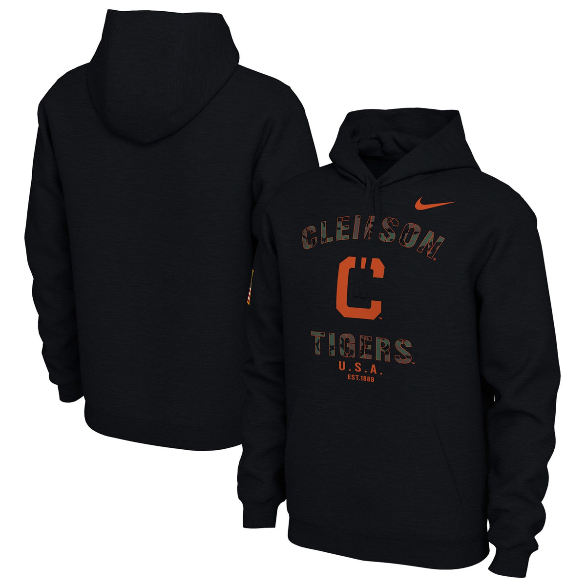 Nike Clemson Tigers Mens Black Camo Veterans Day Long Sleeve Hoodie product image 1, provided for visual reference and