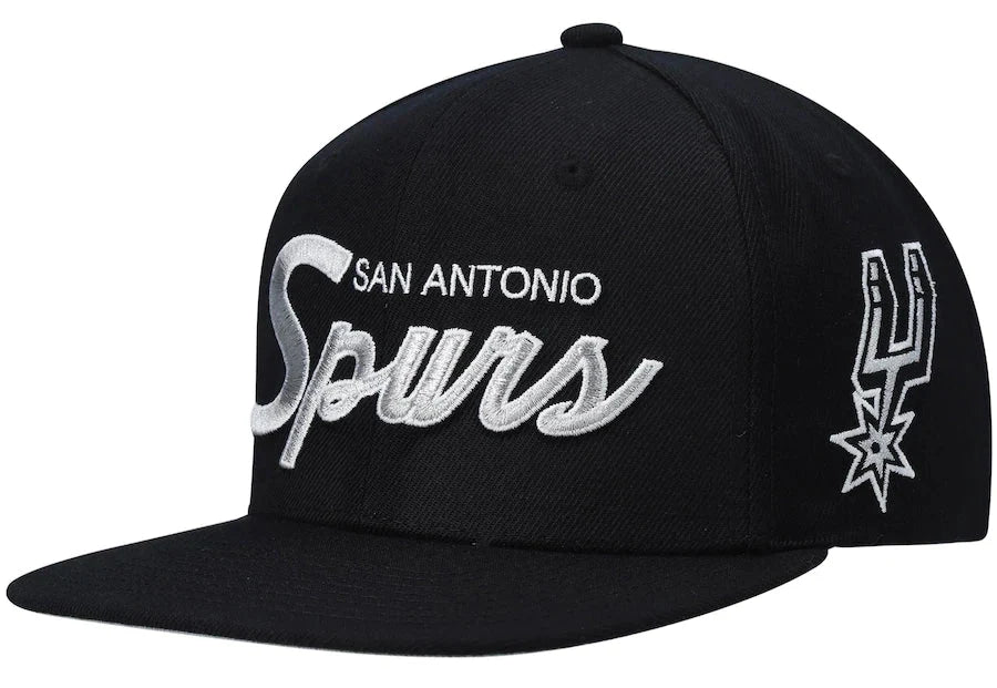 San Antonio Spurs Team Script 2.0 Black Mitchell & Ness Snapback Hat product image 1, provided for visual reference and