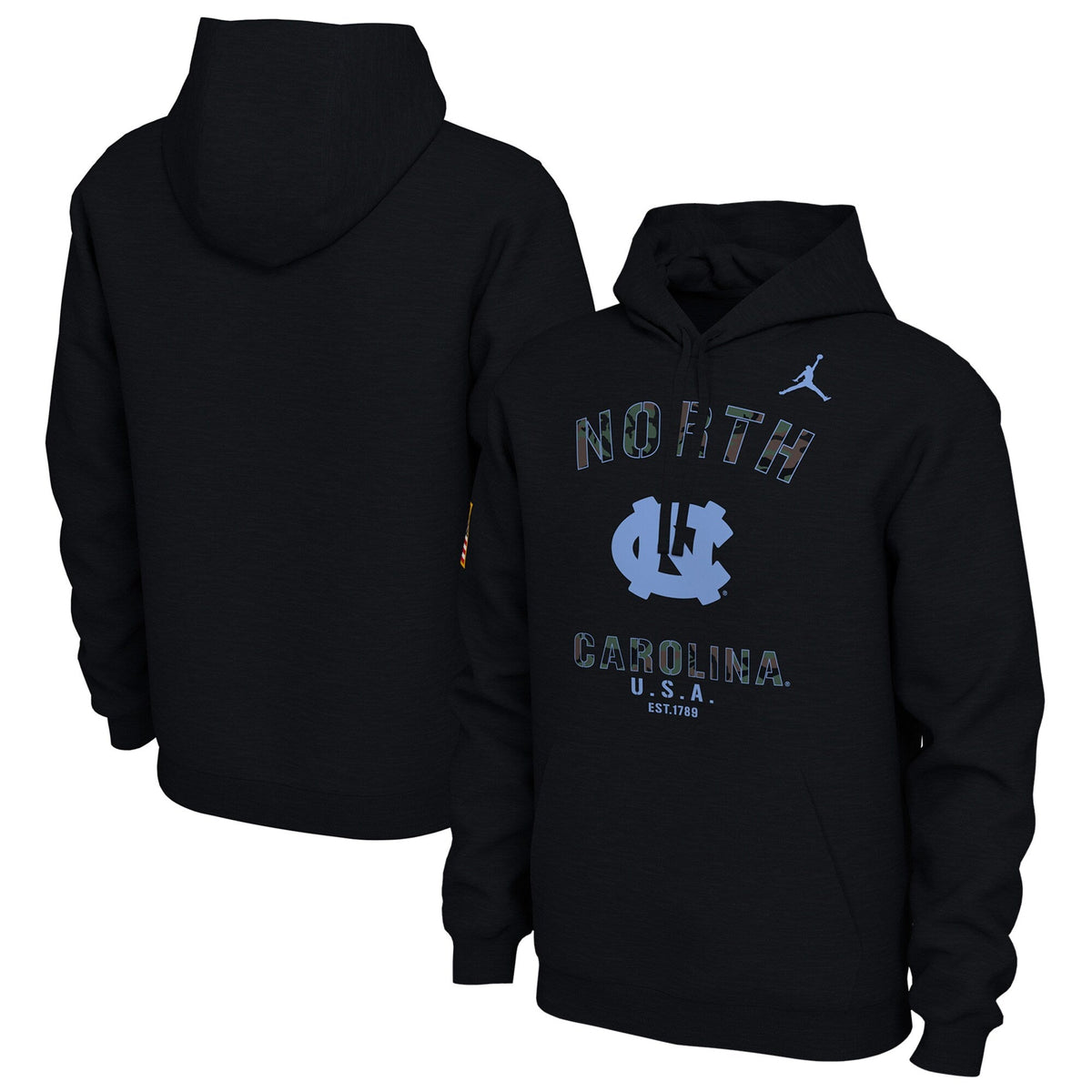 Nike North Carolina Tar Heels Mens Black Camo Veterans Day Long Sleeve Hoodie product image 1, provided for visual reference